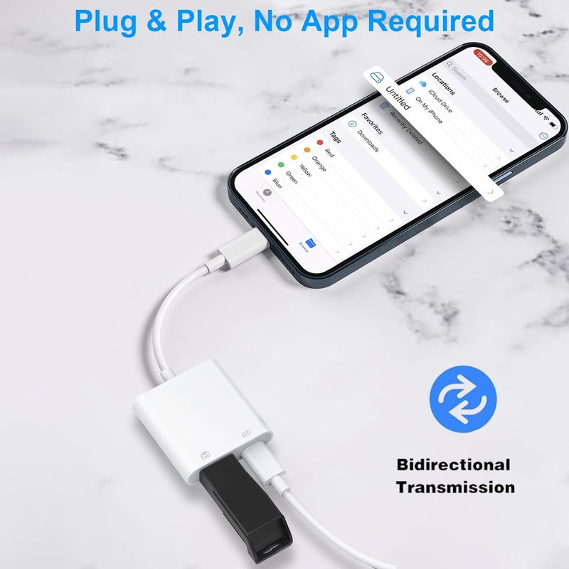 Denlane محول كاميرا Lightning إلى USB، [معتمد من Apple MFi] محول USB 3.0 أنثوي إلى iPhone iPad مع منفذ شحن، كابل محول OTG قابل للتوصيل والدخول يدعم قارئ البطاقات ومحركات الفلاش ولوحة المفاتيح - Image 3
